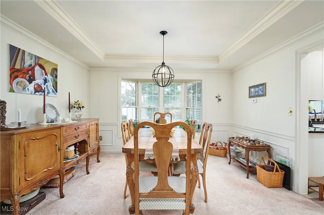 Dining space with a decorative wall, light carpet, a wainscoted wall, a tray ceiling, and ornamental molding
