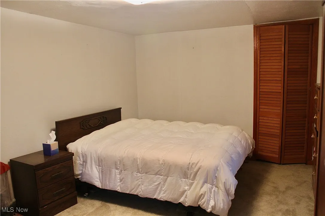 Carpeted bedroom featuring a closet