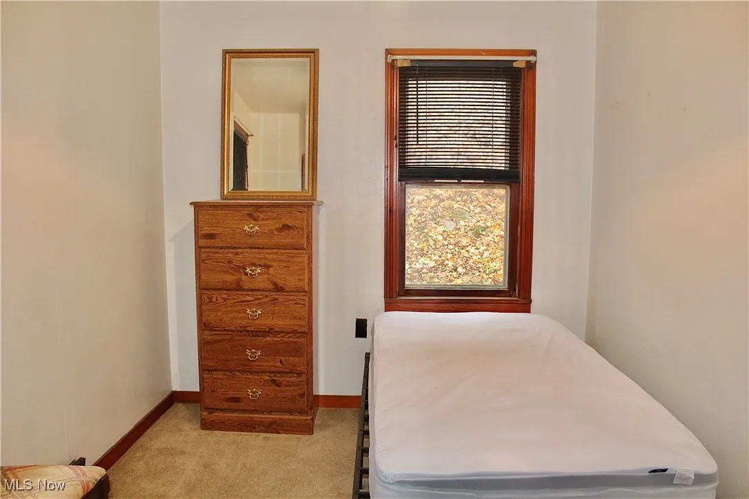 Bedroom with light carpet and baseboards