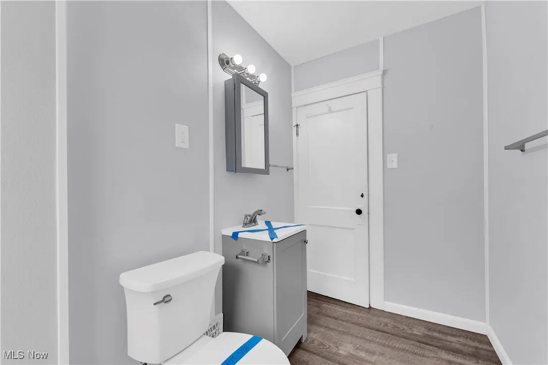 Bathroom with dark wood-style flooring and vanity