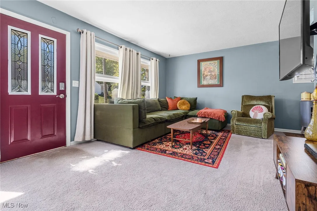 Carpeted living area with baseboards