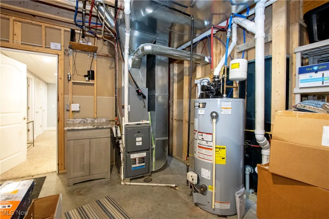 Utility room featuring gas water heater and heating unit