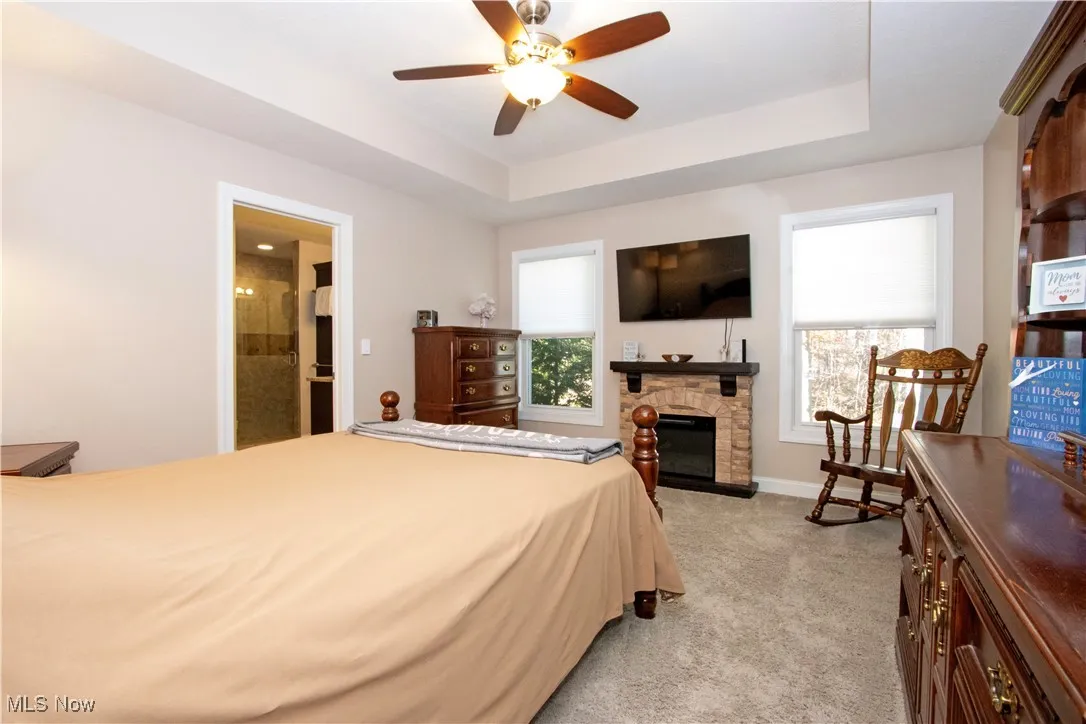Bedroom with a tray ceiling, multiple windows, light carpet, and a fireplace
