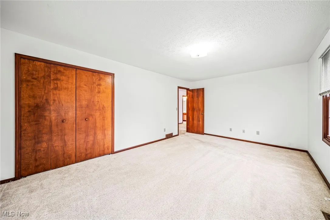 Unfurnished bedroom featuring carpet floors, a textured ceiling, and a closet