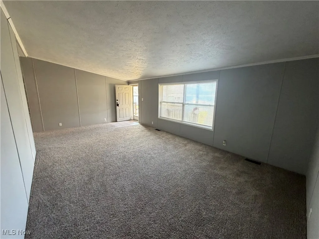 Unfurnished room with carpet floors, a decorative wall, a textured ceiling, and crown molding