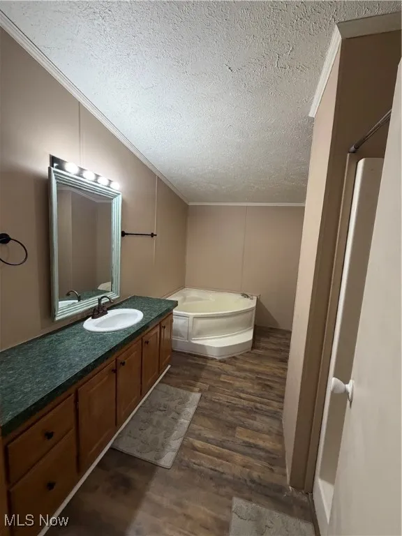 Bathroom featuring a bath, vanity, ornamental molding, a textured ceiling, and dark wood-style flooring