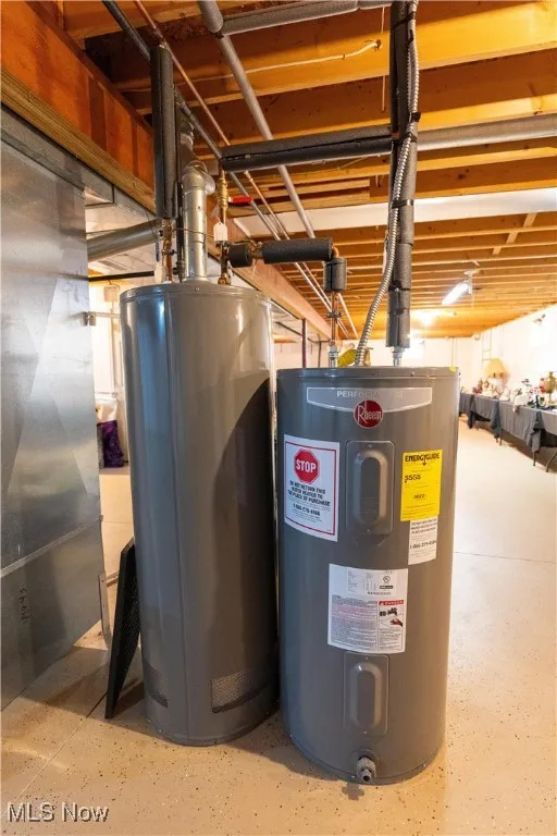 Utilities featuring 2 water heaters - 1 gas and 1 electric