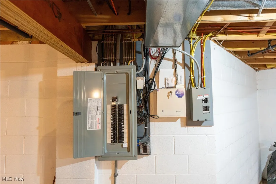 Utility room featuring electric panel, alarm panel and extra electrical for a generator.