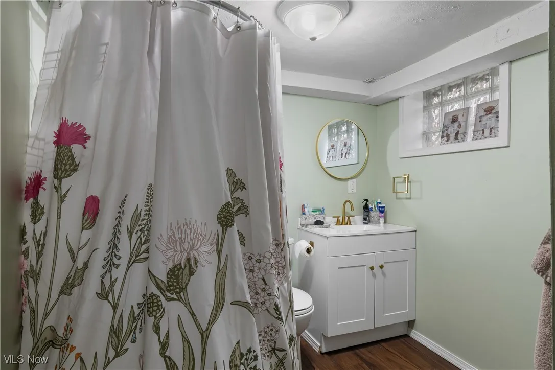 Full bathroom with vanity, a shower with shower curtain, and dark wood-style flooring