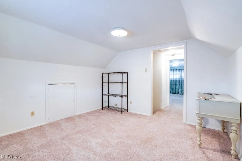 Additional living space featuring vaulted ceiling and carpet flooring