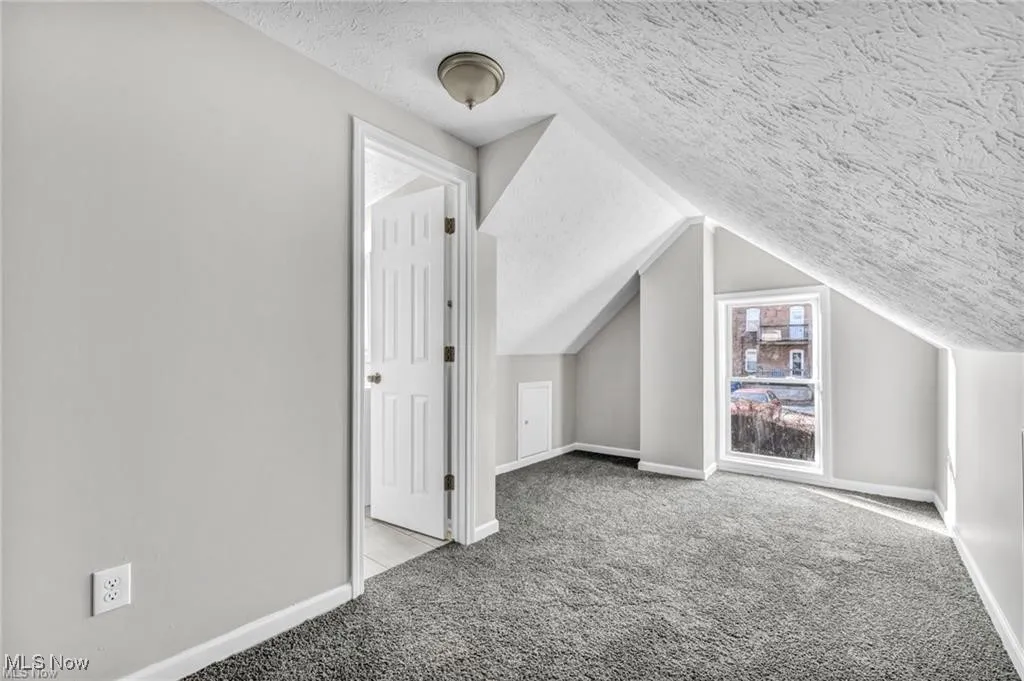 Bonus room with a textured ceiling, carpet, and vaulted ceiling
