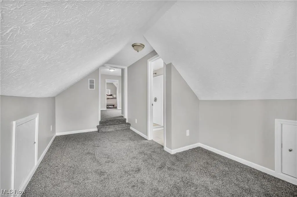 Bonus room with carpet, a textured ceiling, and vaulted ceiling