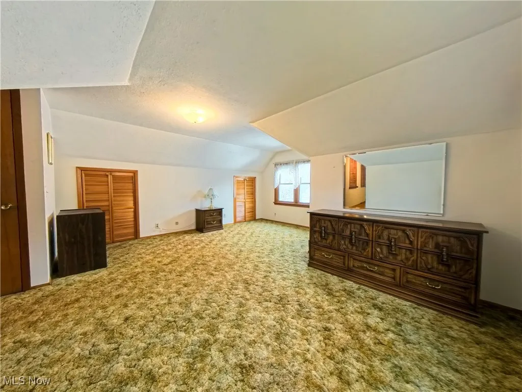 Bonus room featuring vaulted ceiling, carpet flooring, and a textured ceiling
