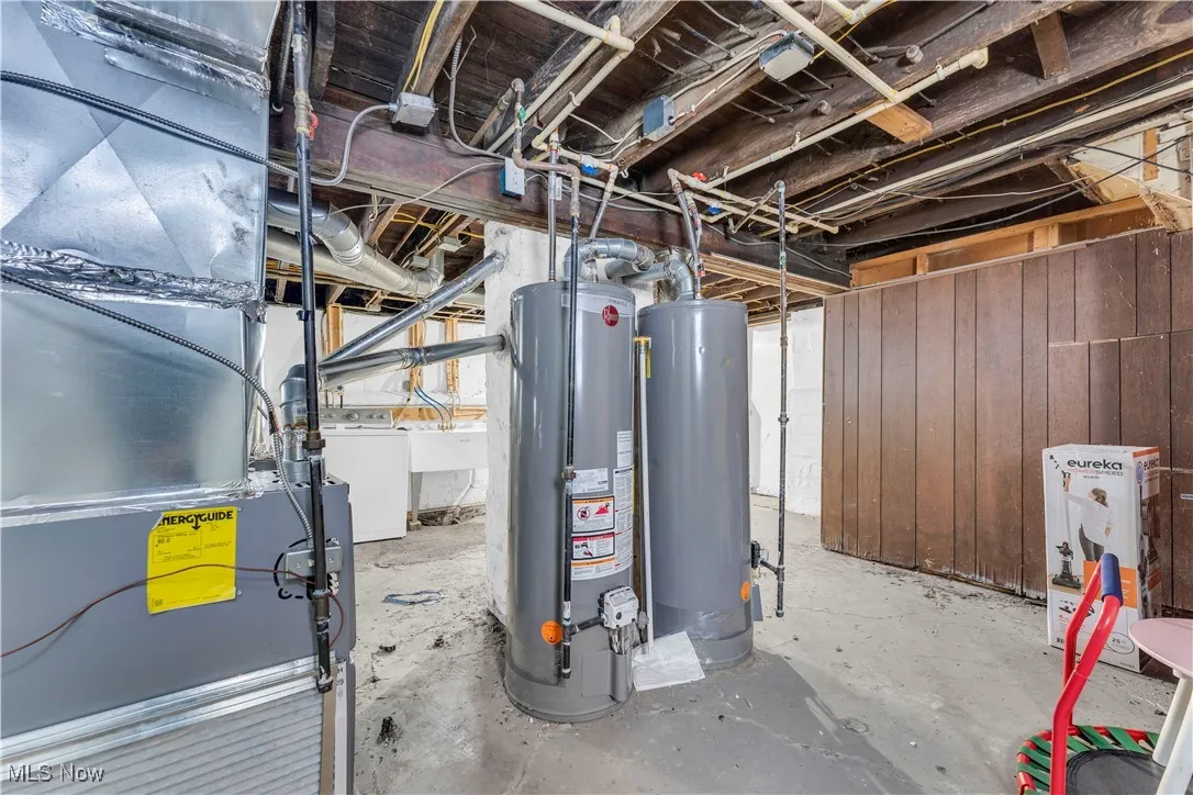 Utility room with heating unit, water heater, and washer / dryer
