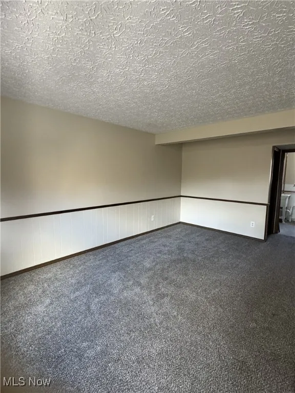 Carpeted empty room featuring a textured ceiling