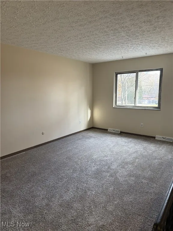 Spare room featuring carpet flooring and a textured ceiling