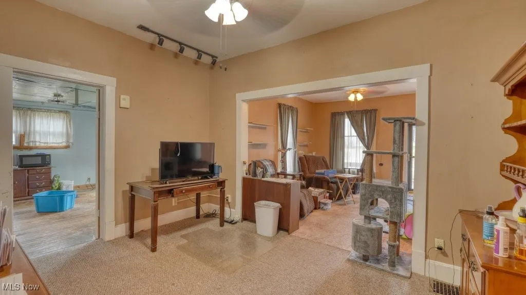 Living area with a ceiling fan and track lighting