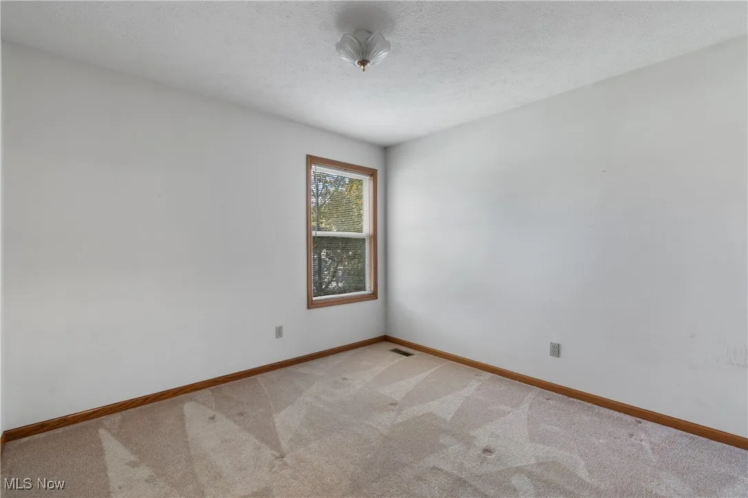 Unfurnished room with a textured ceiling and light colored carpet