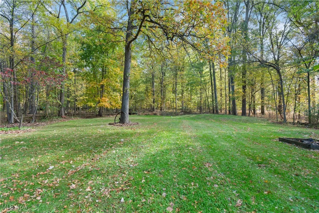 View of green lawn featuring a view of trees