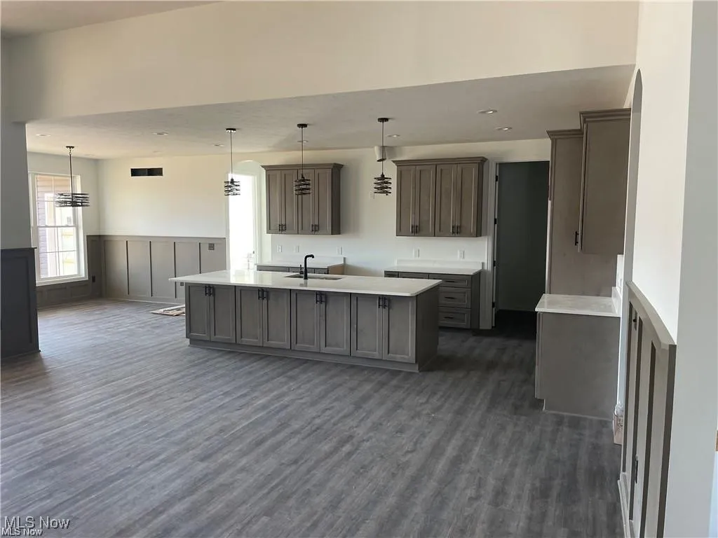 Kitchen featuring a center island with sink, dark wood finished floors, a wainscoted wall, gray cabinetry, and recessed lighting