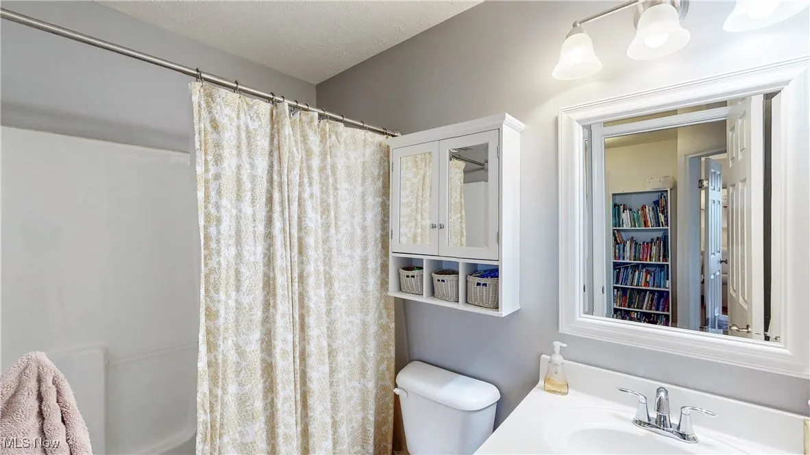 Bathroom with vanity, a textured ceiling, and a walk in closet