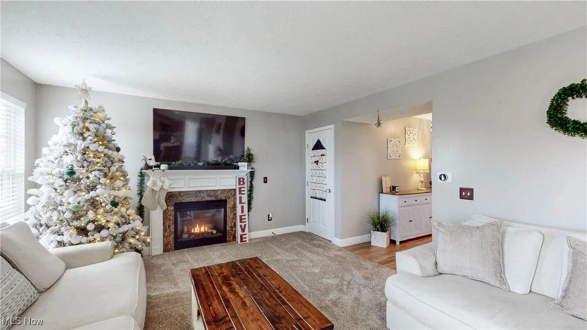 Living area with a high end fireplace and light carpet