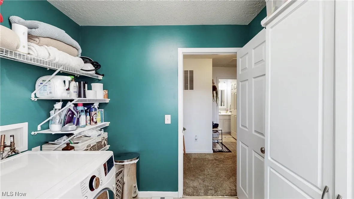Laundry area with washer / clothes dryer, carpet, and a textured ceiling