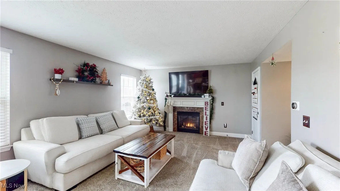 Living area featuring carpet, a glass covered fireplace, and a textured ceiling