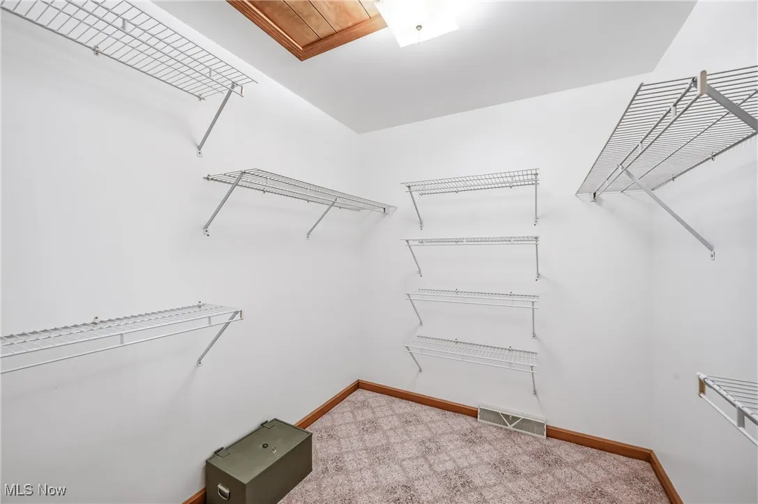 Walk in closet featuring light colored carpet