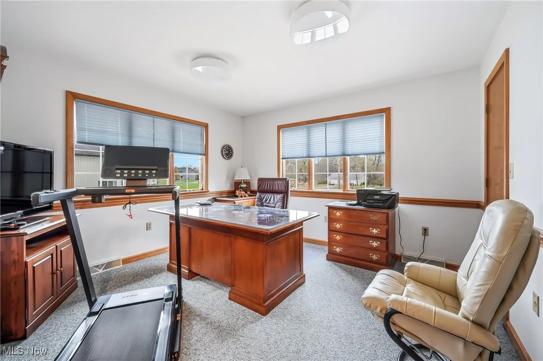Office area featuring light colored carpet and baseboards