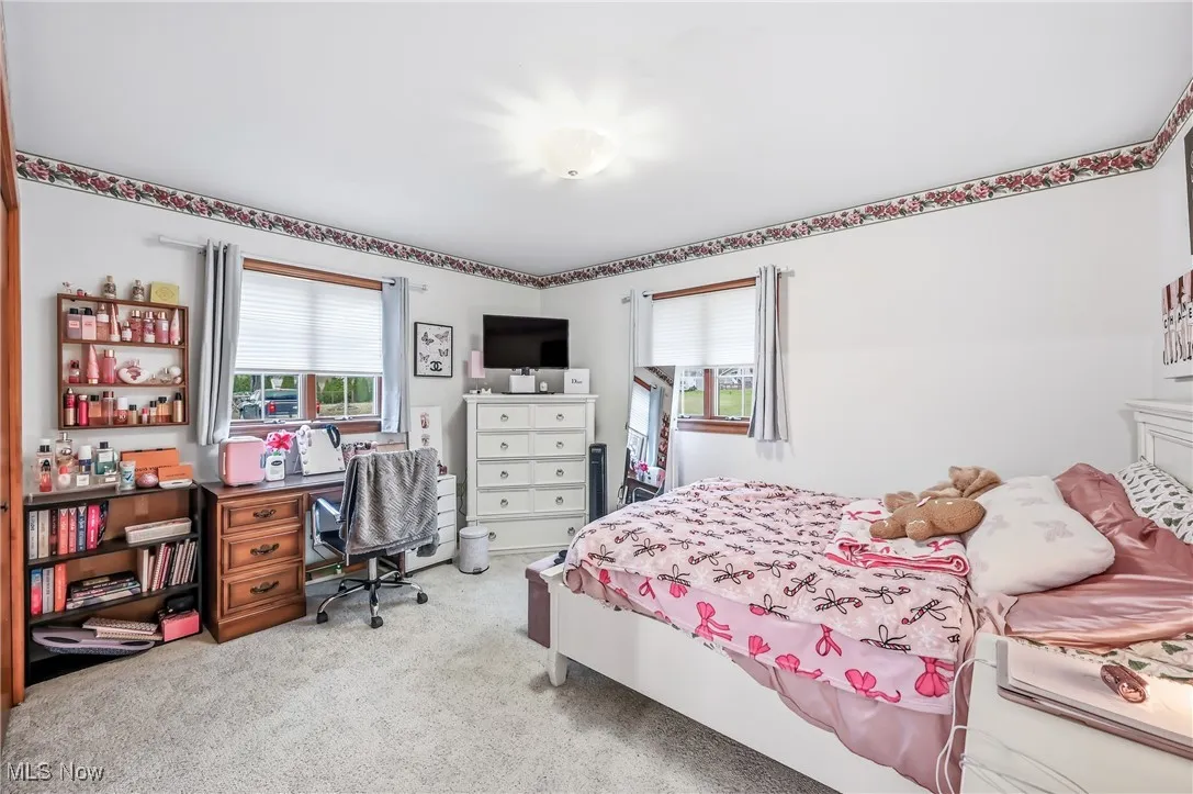 Bedroom with multiple windows, light carpet, and an office area