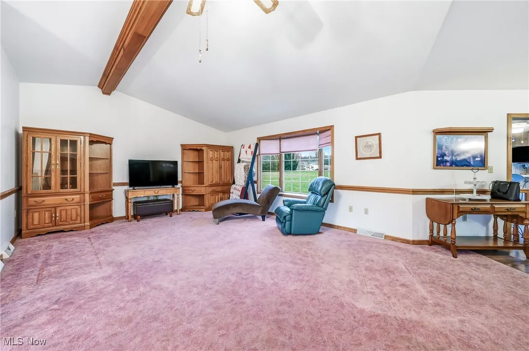 Living area with carpet and ceiling fan