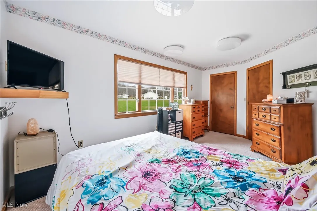 Bedroom featuring light carpet and a closet