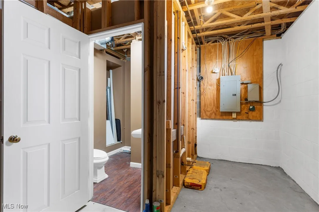 The basement bathroom has a working sink and toilet-flooring complete.  Shower would need completed by new owners.