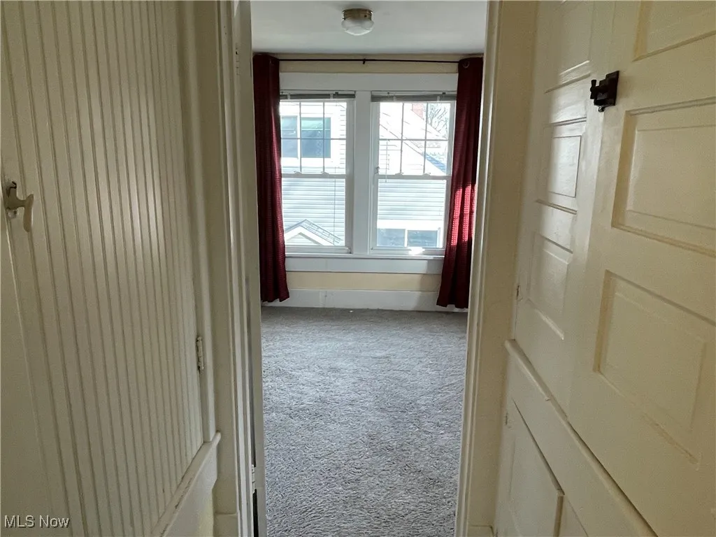 Hall featuring carpet flooring