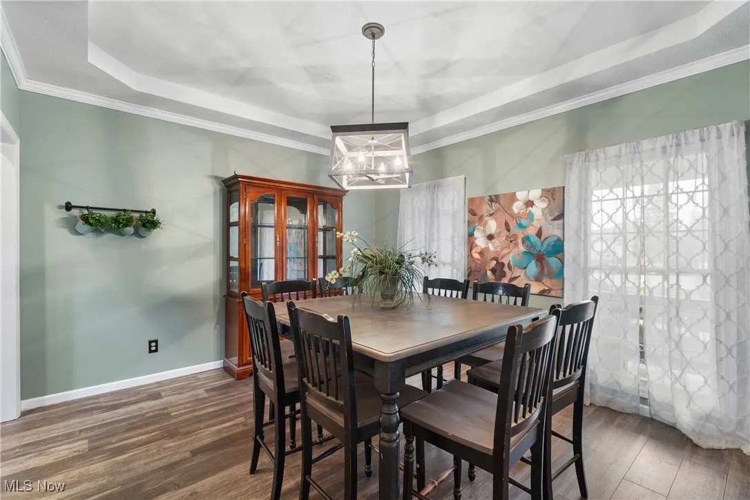 Dining space featuring a raised ceiling, dark wood finished floors, and ornamental molding