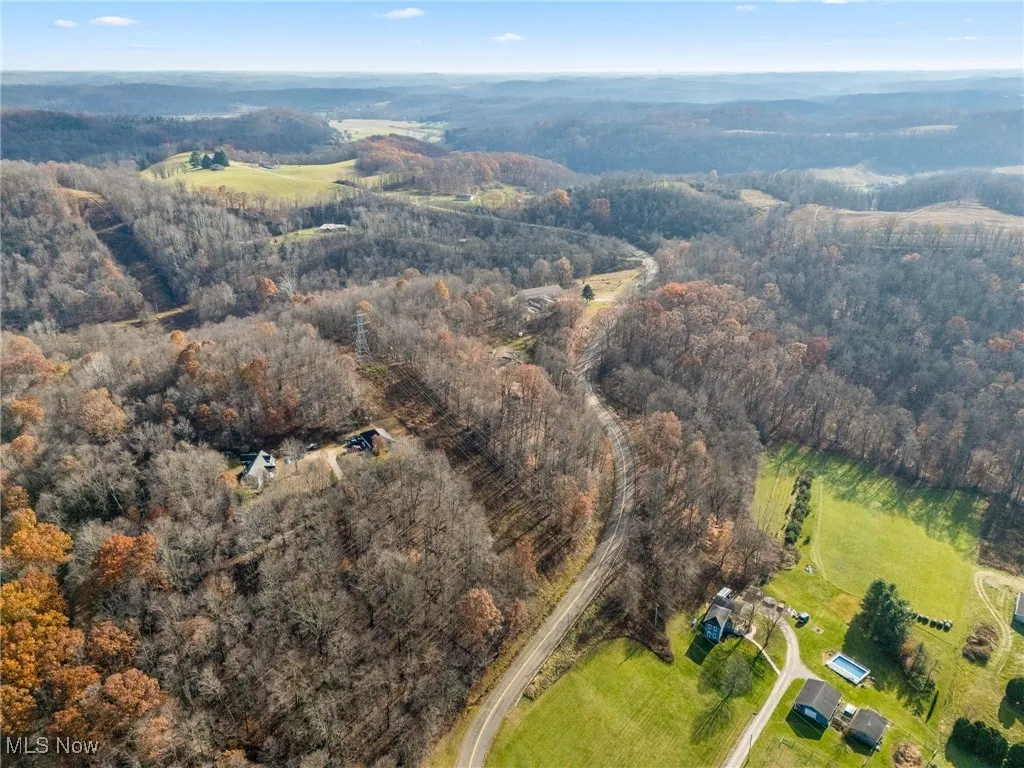 Aerial overview of property's location with a heavily wooded area