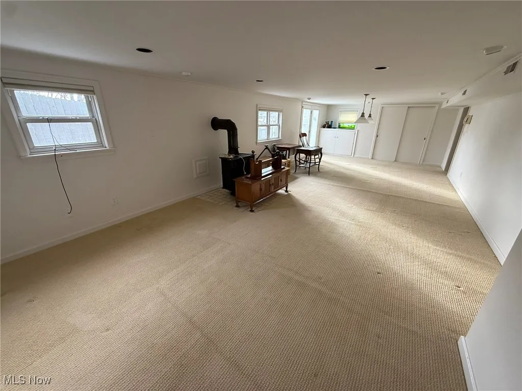Living area with carpet flooring and a wood stove