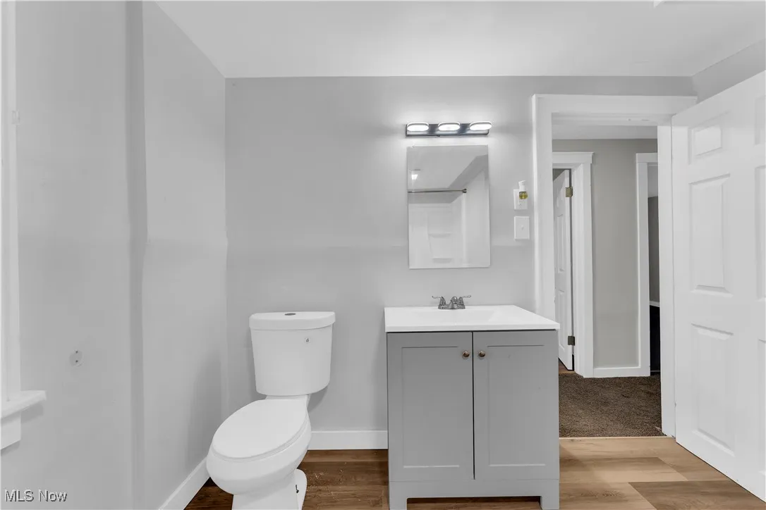 Bathroom with vanity and wood finished floors