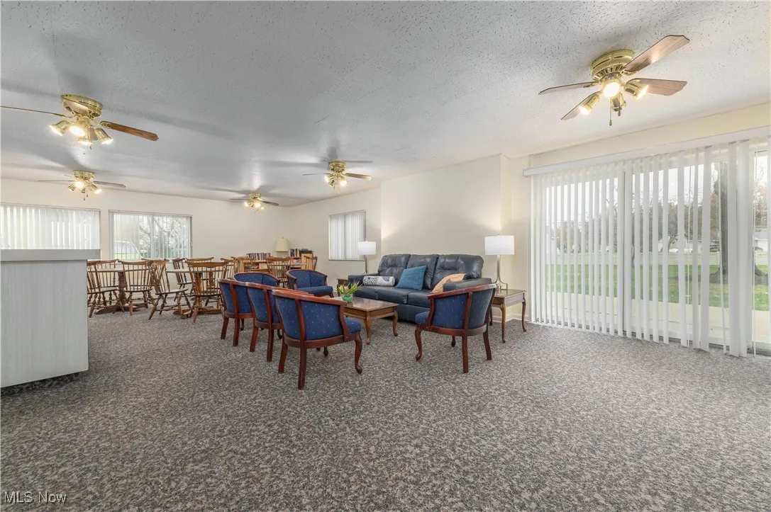 Party room featuring dark colored carpet, healthy amount of natural light, a textured ceiling, and a ceiling fan