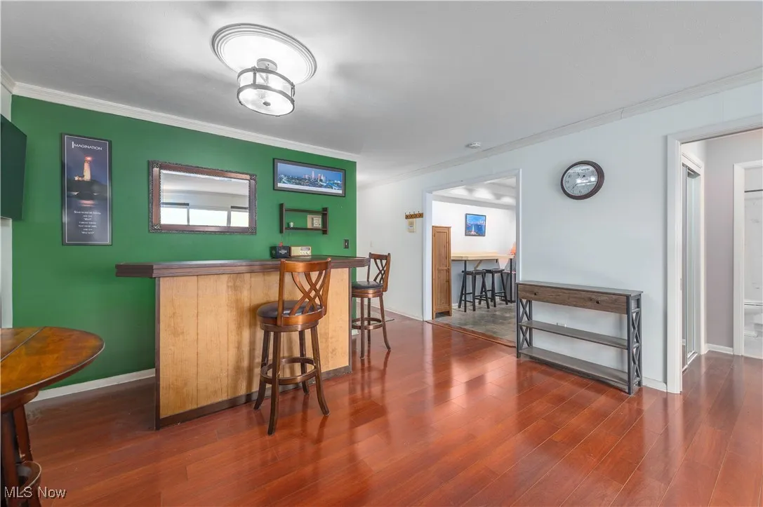 Indoor dry bar featuring ornamental molding, dark wood-style floors, and dark countertops