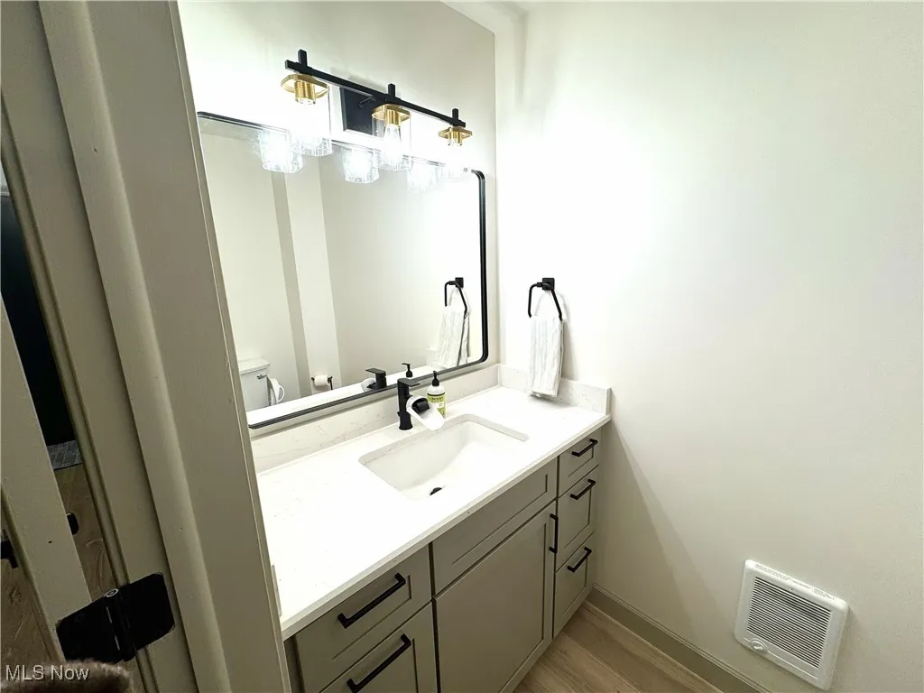 Half bath featuring vanity, light wood-style flooring, and heating unit