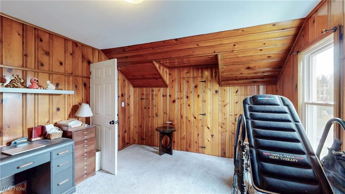 Office area featuring wood walls, light carpet, and lofted ceiling