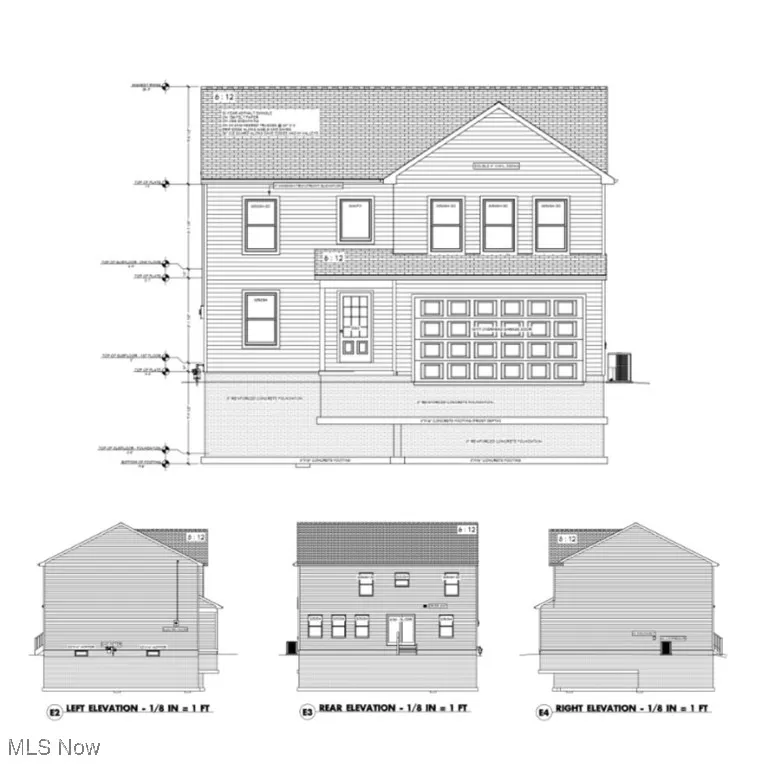Front, rear, and side elevation blueprints of the house to be built.
