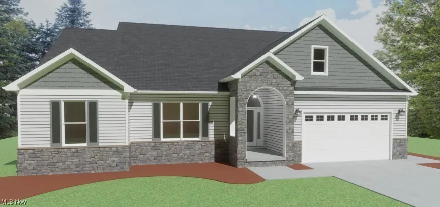 Front exterior rendering of the ranch style home to be built.