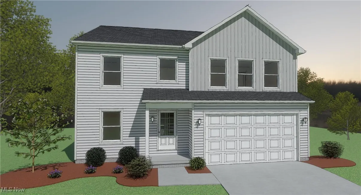 Traditional home with an attached garage, concrete driveway, board and batten siding, roof with shingles, and a lawn