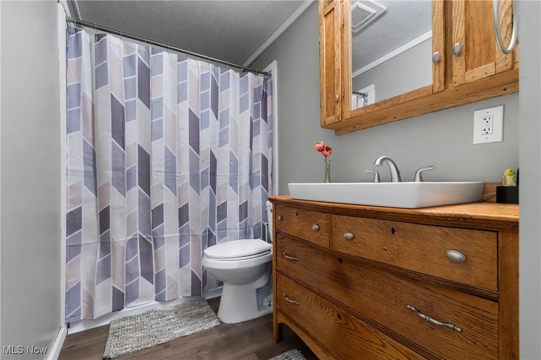 Full bathroom with a textured ceiling, a shower with shower curtain, hand-crafted vanity and medicine cabinet,  and wood laminate flooring