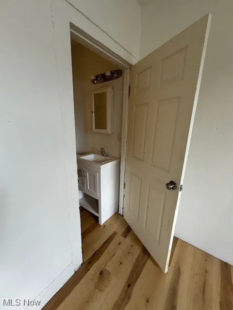 Full bath featuring vanity and light wood-style flooring, bath tub
