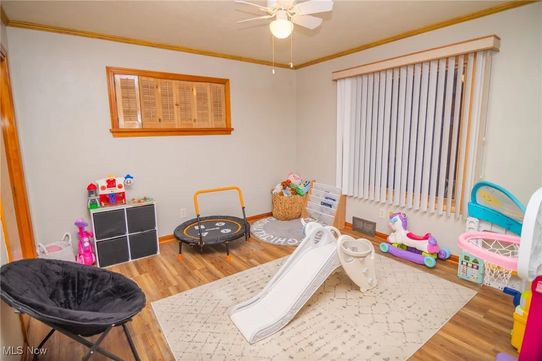 Recreation room with ornamental molding, wood finished floors, and a ceiling fan