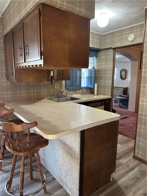 Kitchen with a breakfast bar, kitchen sink, dishwasher, light LVF and light countertops